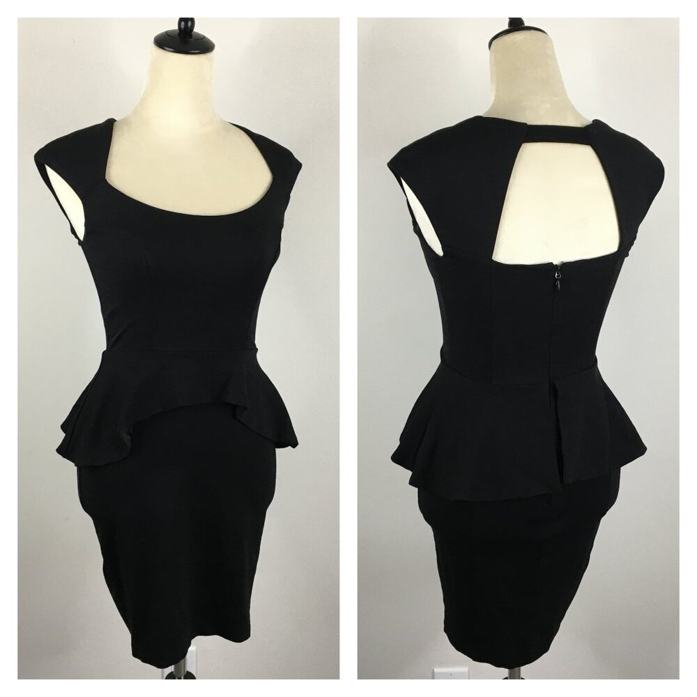 BEBE Black Peplum Tulip Skirt Cut Out Back Stretch Fitted Dress